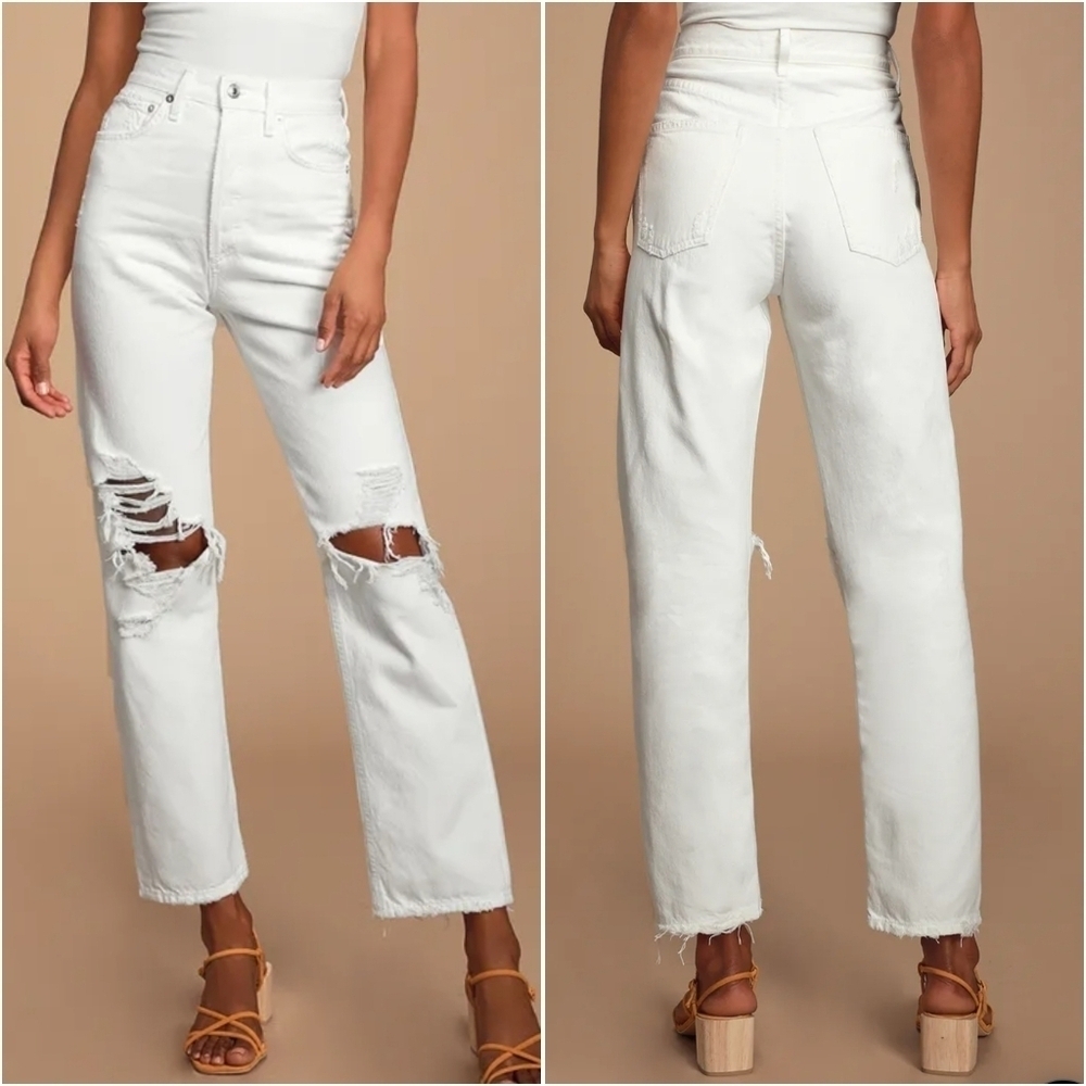 {25} Agolde 90s Mid Rise White Loose Fit Distressed Jeans